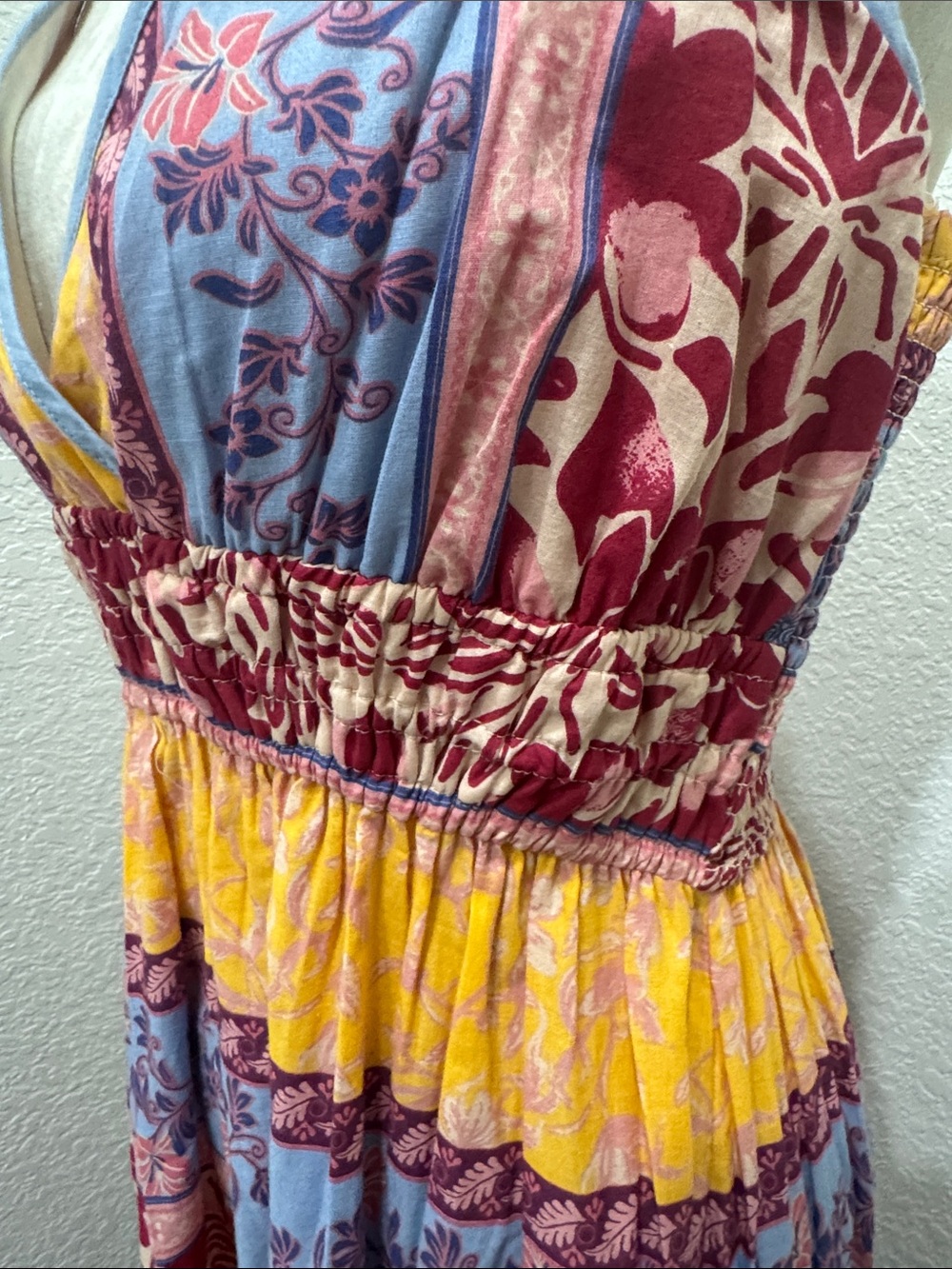 Japna Bohemian Floral Tiered Maxi Dress in Yellow, Blue & Burgundy - Picture 9 of 11